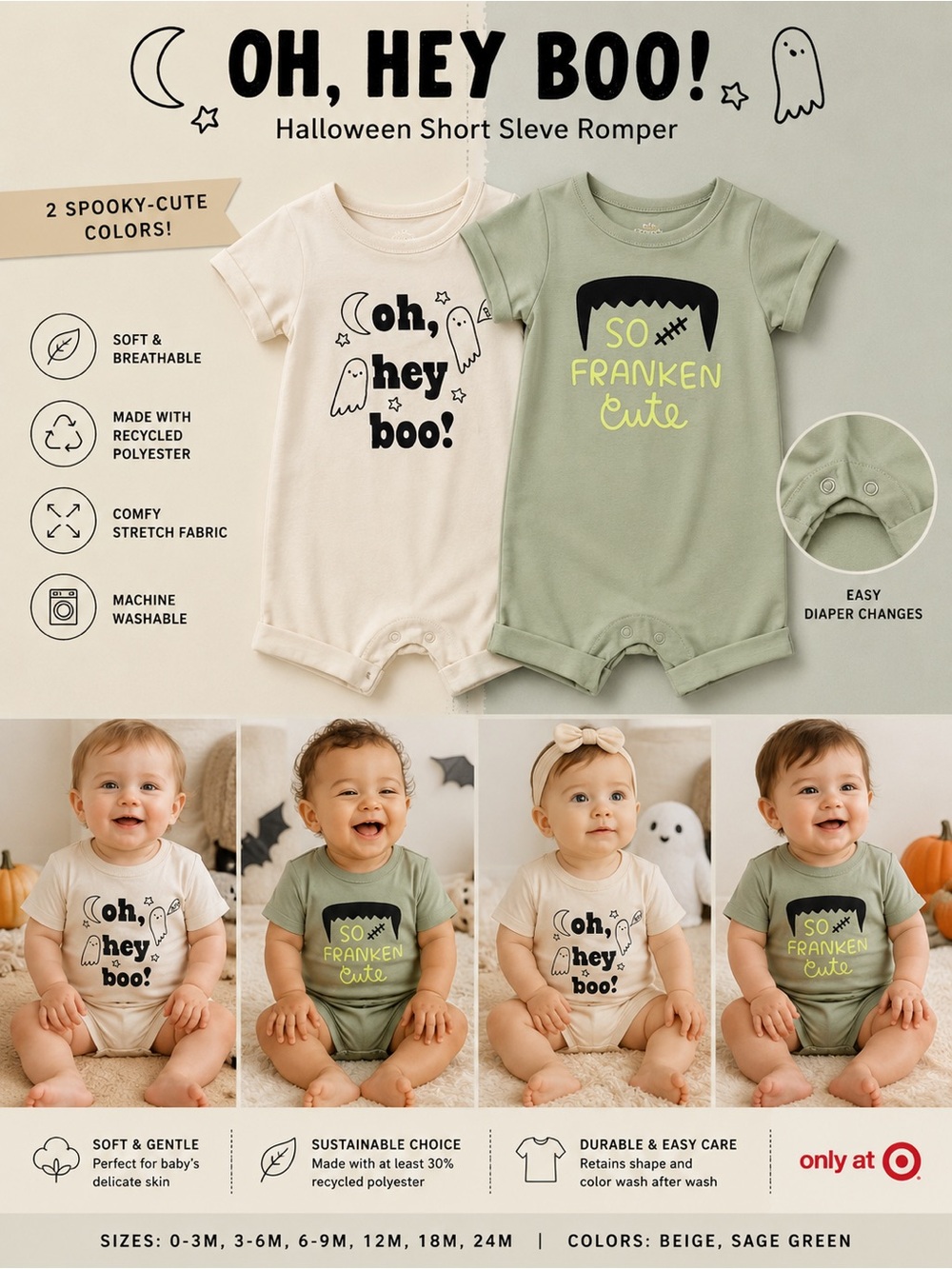 2-Pack Target Halloween Baby Short Sleeve Rompers - Beige & Sage Green